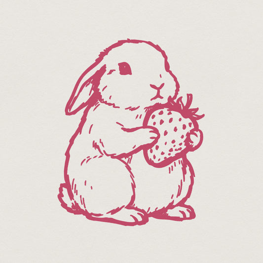 Hand-drawn monochromatic pink illustration of a cute sitting bunny holding a strawberry, perfect for kawaii youth shirts, stickers, and nursery decor.