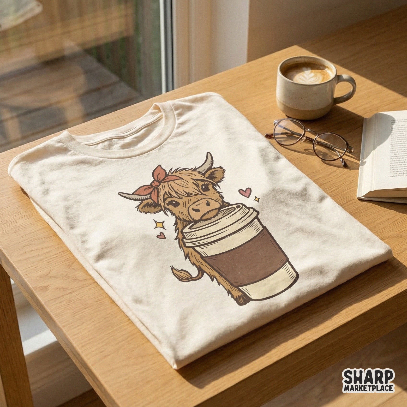 T-shirt mockup featuring a hand-drawn highland cow with a bandana and coffee cup, perfect for sublimation, apparel printing, or custom DIY projects.