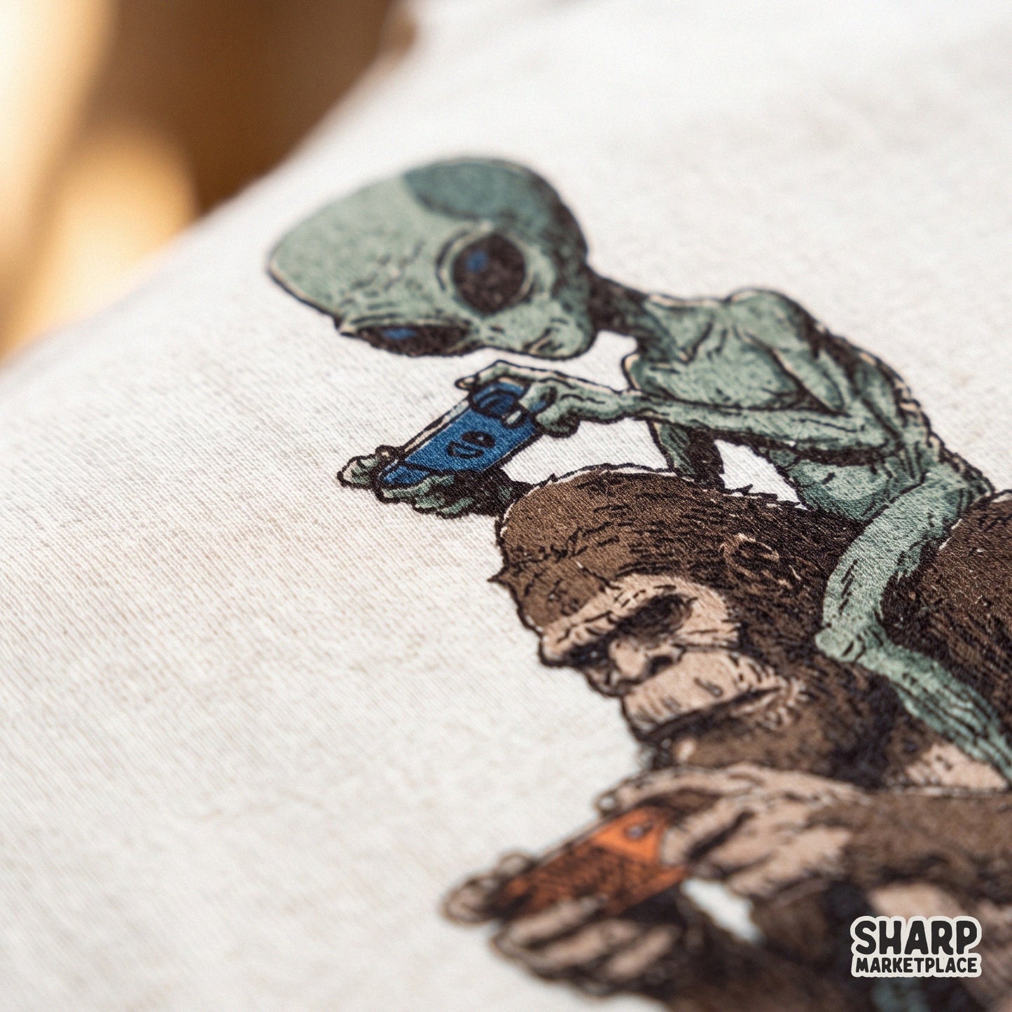 Retro sketch of a funny walking Bigfoot carrying an alien gamer friend, perfect for custom video game t-shirt sublimation