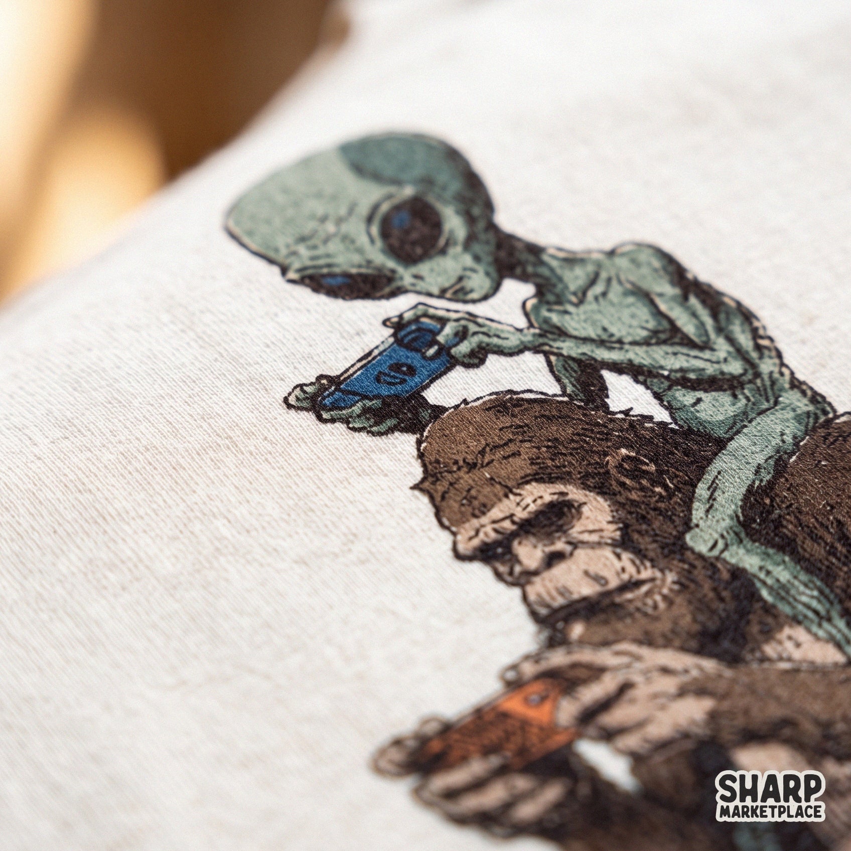 Retro sketch of a funny walking Bigfoot carrying an alien gamer friend, perfect for custom video game t-shirt sublimation