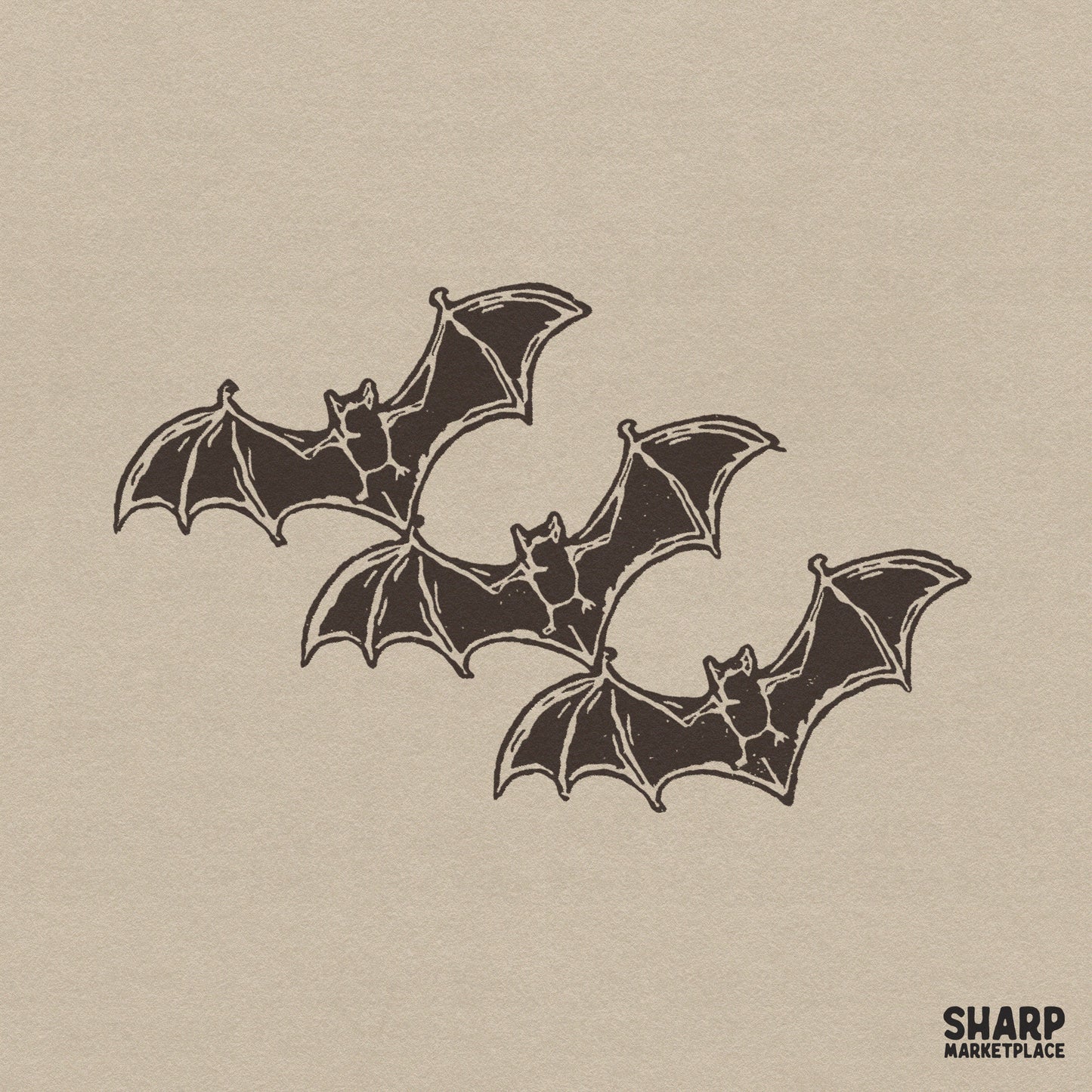 Vintage linocut style illustration featuring three flying bats for spooky season sublimation and halloween shirt designs