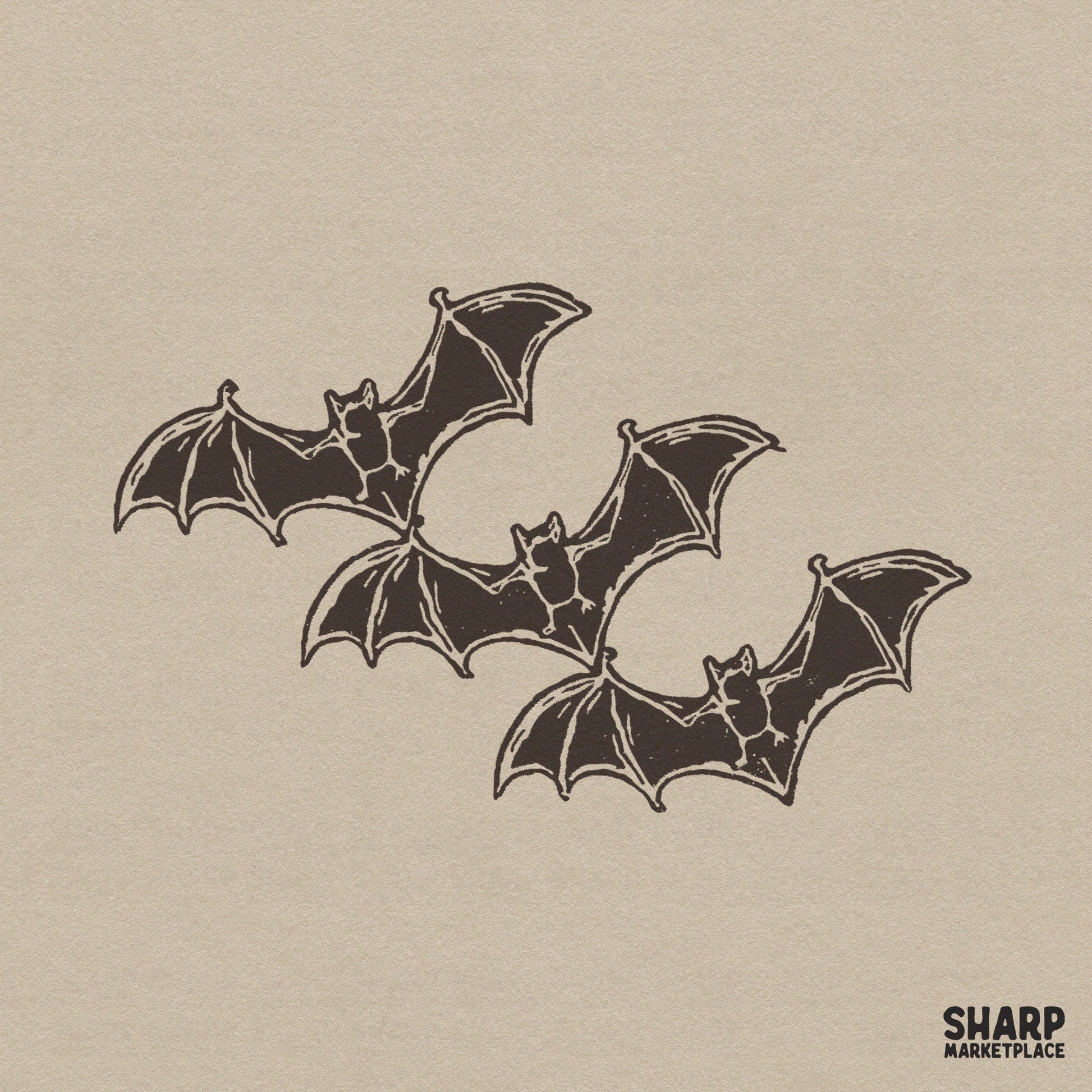 Vintage linocut style illustration featuring three flying bats for spooky season sublimation and halloween shirt designs