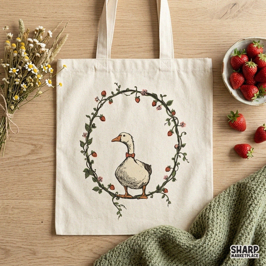 Cute goose wearing a red bowtie inside a strawberry wreath cottagecore sublimation PNG design for spring apparel