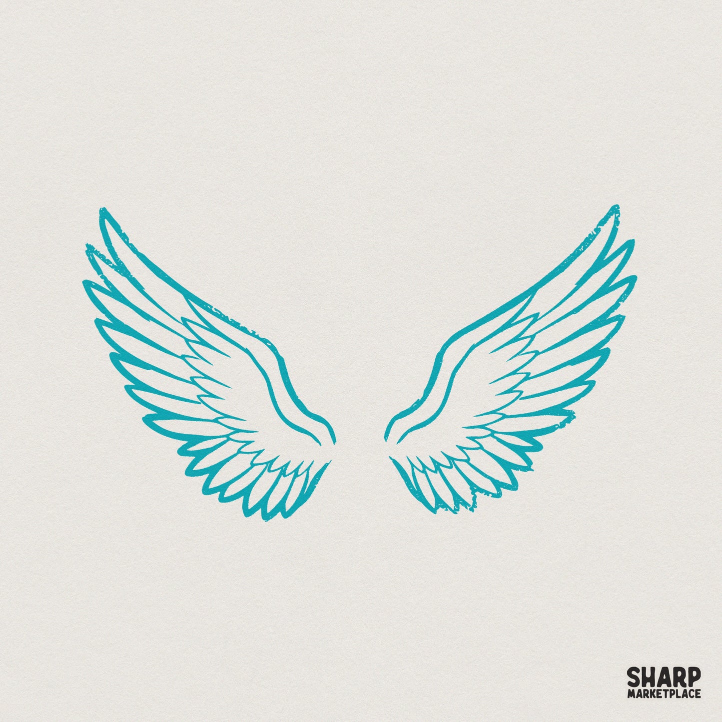 Hand-drawn symmetrical angel wings in teal blue with detailed feather line art, isolated on a light background for digital projects.