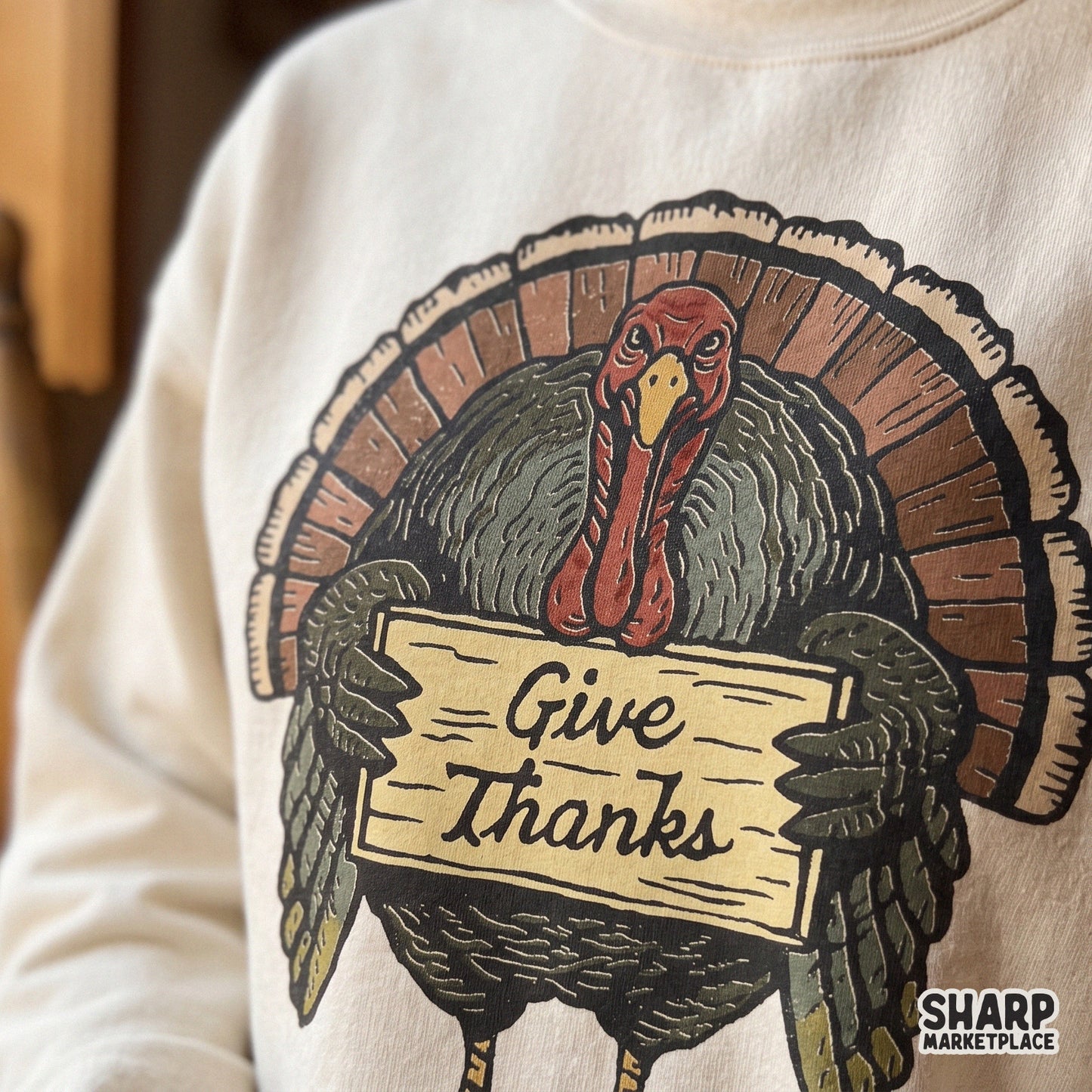 Funny retro thanksgiving turkey holding a give thanks sign for autumn fall png sublimation shirts