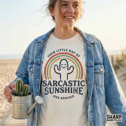 Printable digital art featuring a sarcastic cactus character and retro rainbow, perfect for custom t-shirts, tumblers, and DIY desert-themed gifts.