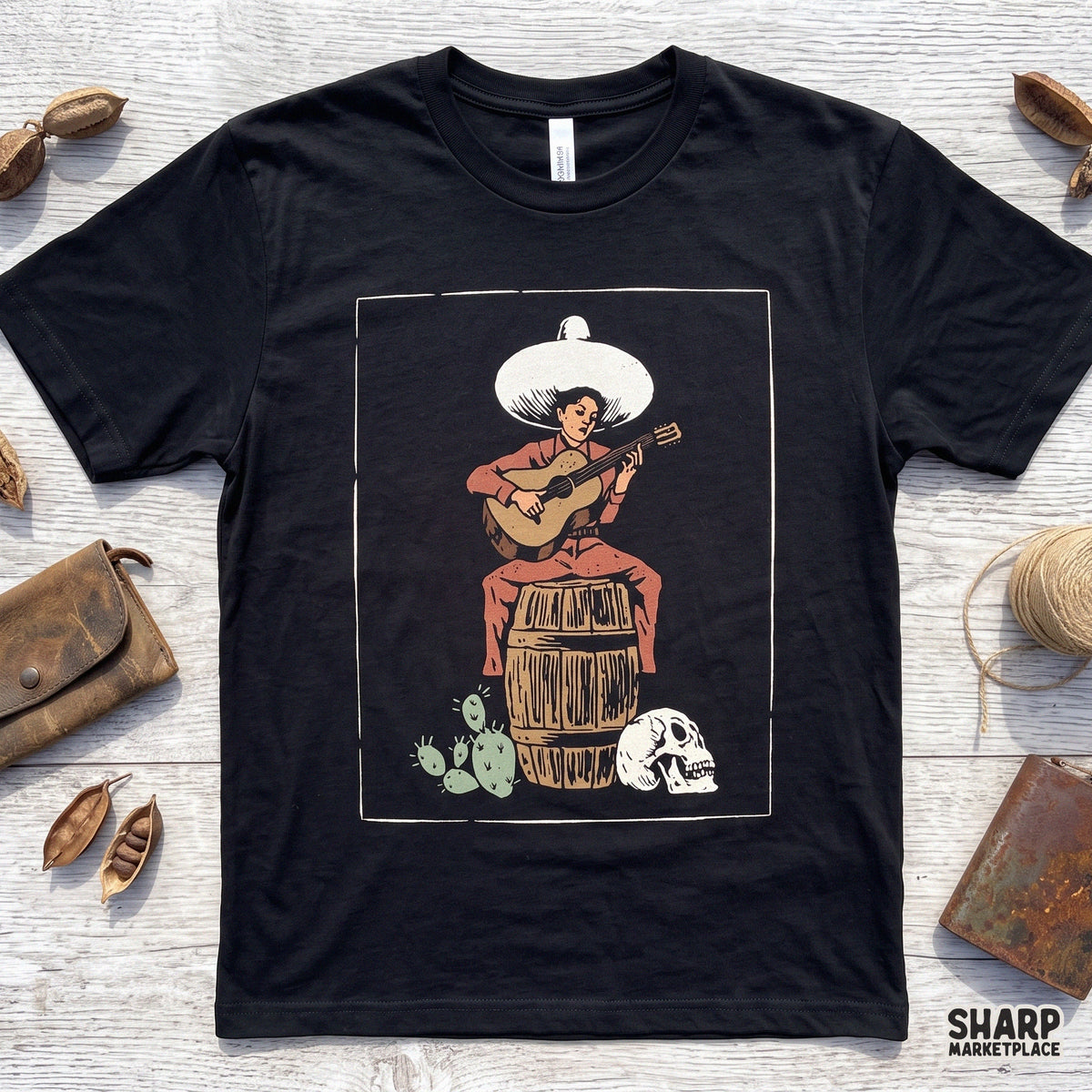 Vintage Mexican cowgirl playing guitar in the desert, retro western PNG design for t-shirts and apparel