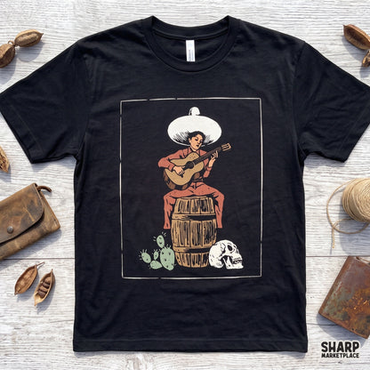 Vintage Mexican cowgirl playing guitar in the desert, retro western PNG design for t-shirts and apparel