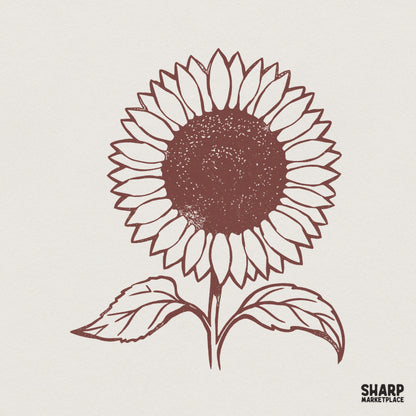 Vintage hand drawn sunflower illustration in muted maroon with detailed petal linework and two leaves, isolated on a light background.