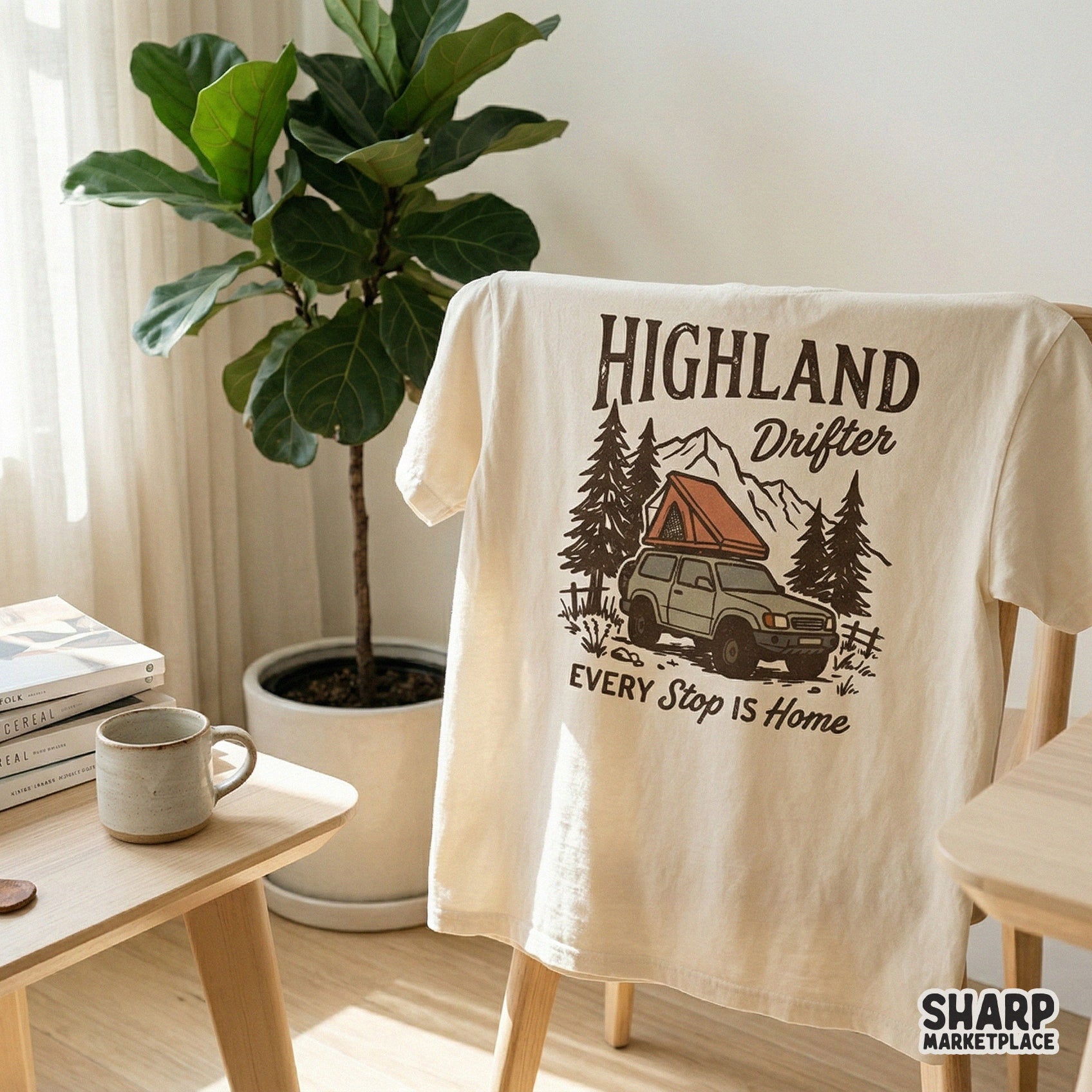 Retro adventure graphic on a t-shirt mockup showing an off-road vehicle with a rooftop tent in a mountain forest setting with earthy vintage colors.