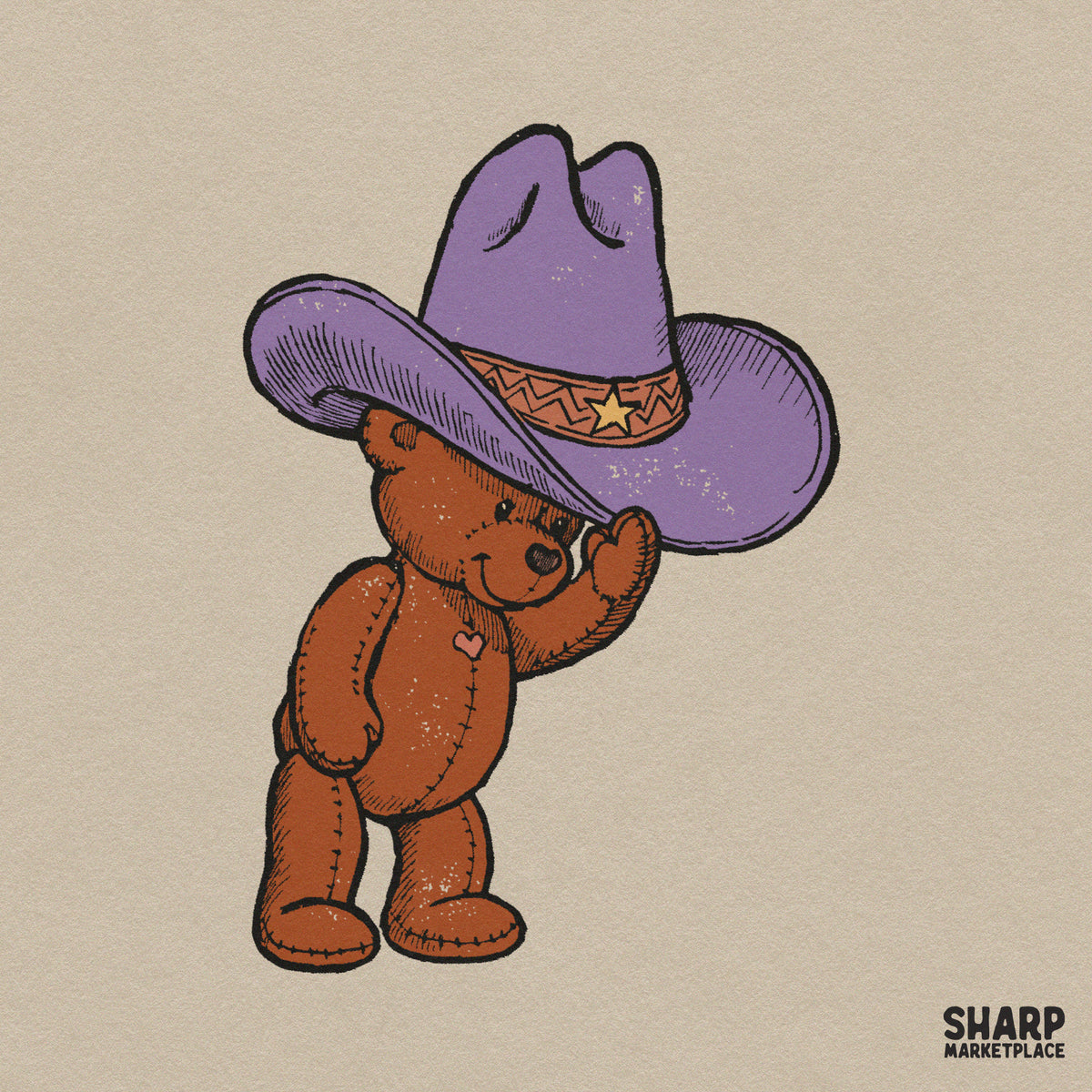 Cute Brown Teddy Bear Tipping Purple Hat, Western PNG
