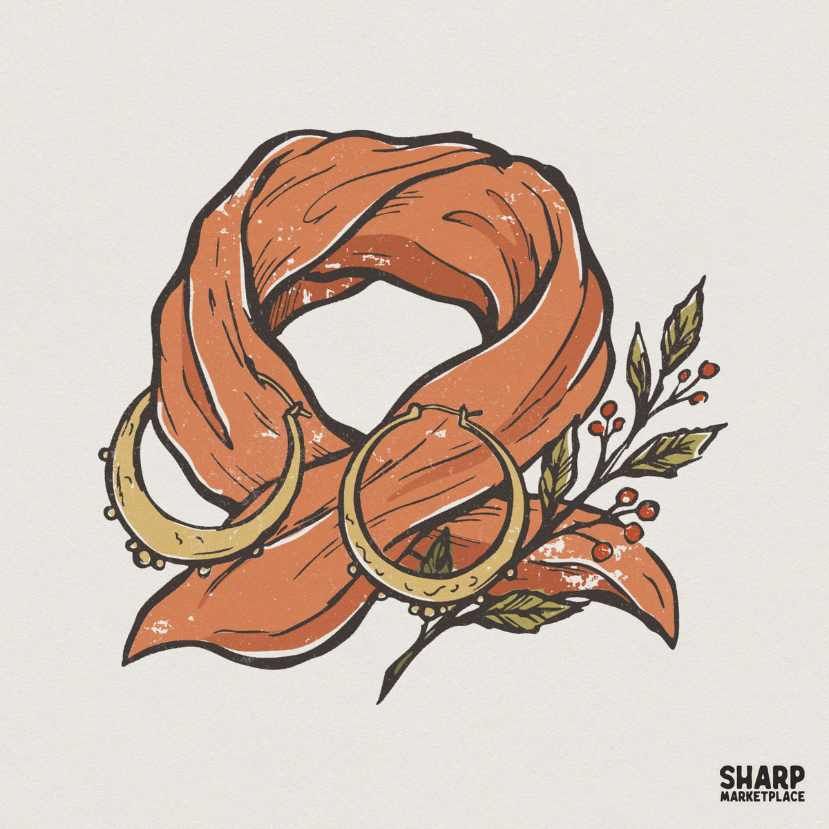 Hand-drawn boho orange scarf illustration with golden crescent moon earrings and botanical berry sprigs, featuring a vintage textured aesthetic.