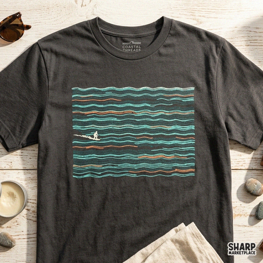 Minimalist line art abstract surfer riding ocean waves for trendy summer t-shirt designs and beach apparel