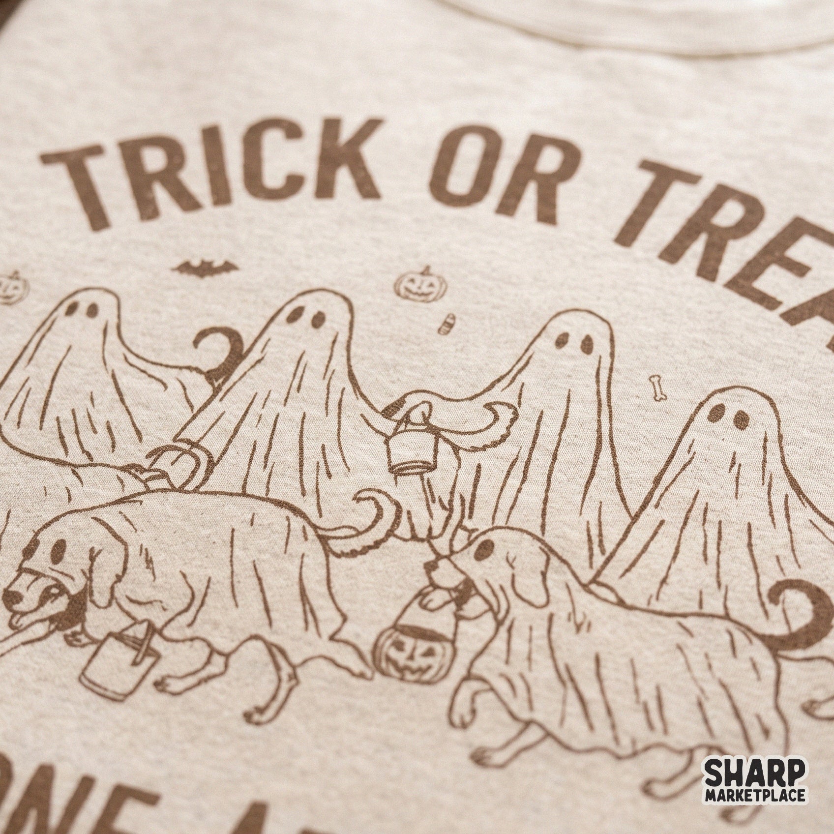 Retro Trick or Treat Bone Appetit ghost dogs design for a funny Halloween sublimation shirt or spooky season apparel craft