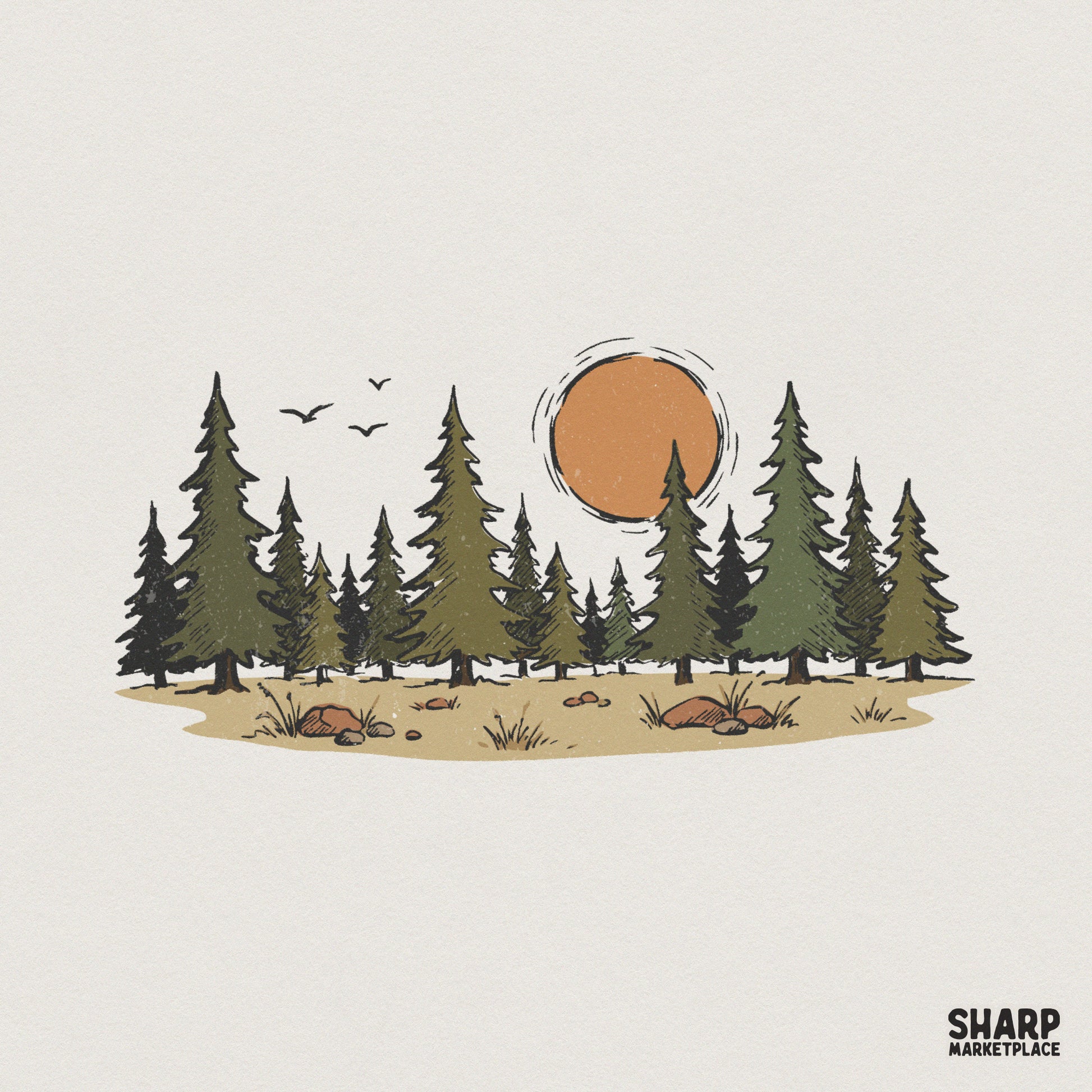 Pine Forest PNG Sunset, Outdoor Nature Clipart - 300 DPI Design for T-Shirt