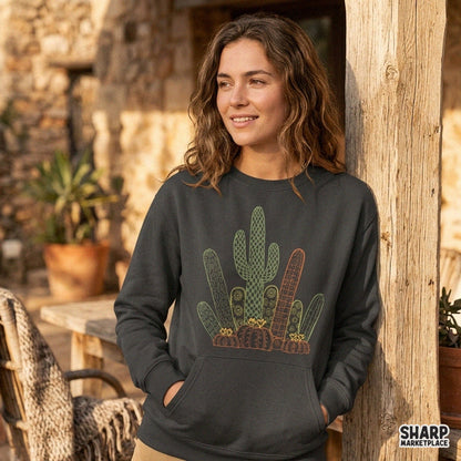 Vintage green desert cactus cluster PNG graphic in a boho western style for retro country apparel and sublimation