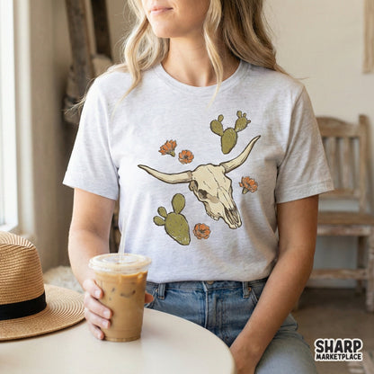 Desert Skull With Cactus And Flowers PNG, Western Sublimation - 300 DPI