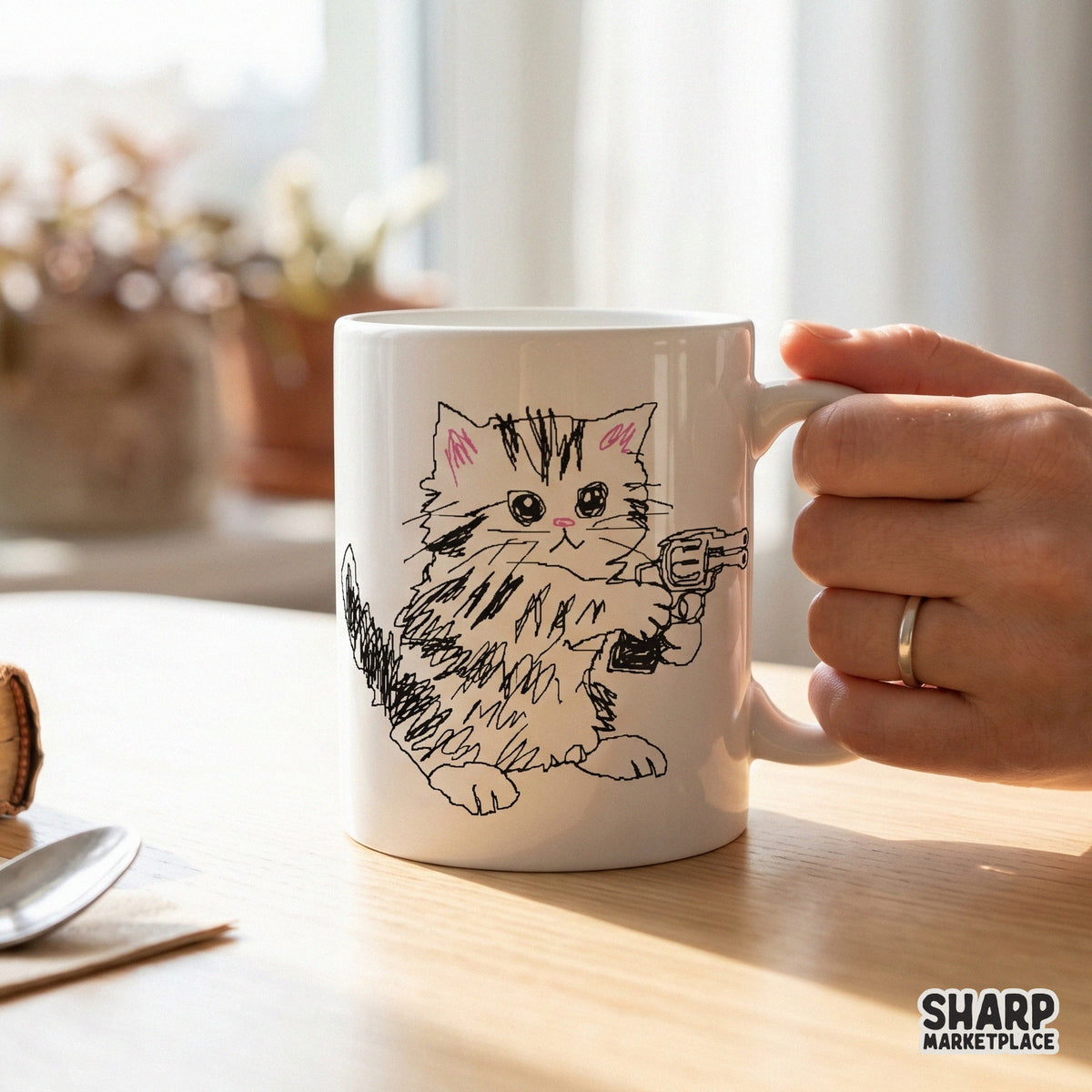Hand-sketched tabby kitten with a toy revolver, a trendy and humorous digital download for creating custom stickers, wall art, or unique clothing.