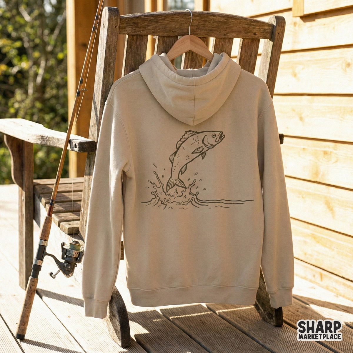 Dynamic fishing graphic featuring a bass leaping from water, rendered in a detailed rustic style for use on custom tumblers, apparel, and DIY gifts.