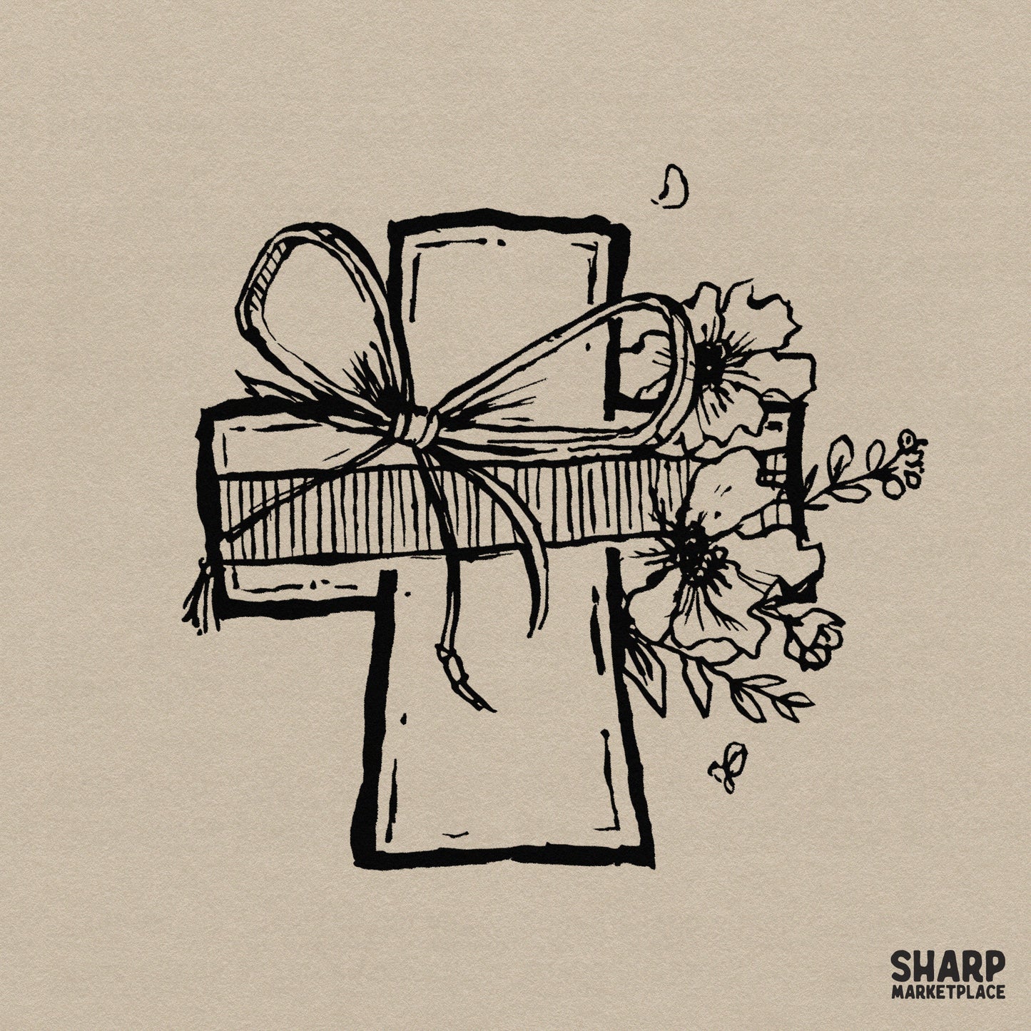 Hand-drawn sketch of a Christian cross wrapped in a striped ribbon with a large bow and wildflowers, black line art on a neutral background.