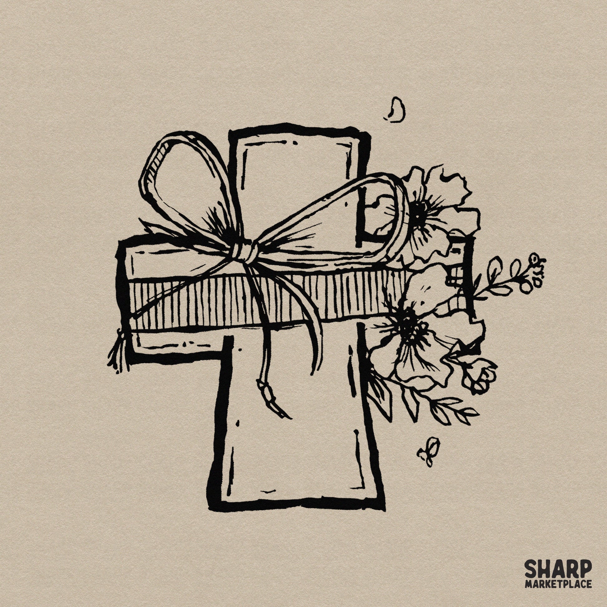Hand-drawn sketch of a Christian cross wrapped in a striped ribbon with a large bow and wildflowers, black line art on a neutral background.