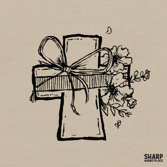Hand-drawn sketch of a Christian cross wrapped in a striped ribbon with a large bow and wildflowers, black line art on a neutral background.