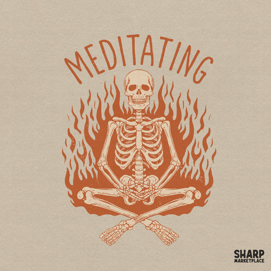 Meditating flaming skeleton sitting cross legged in zen pose for funny retro halloween yoga shirt sublimation