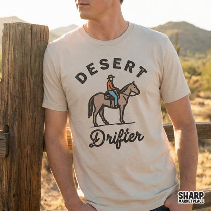 Retro western graphic on a t-shirt showing a cowboy on a horse with the words Desert Drifter in arched block and script typography.