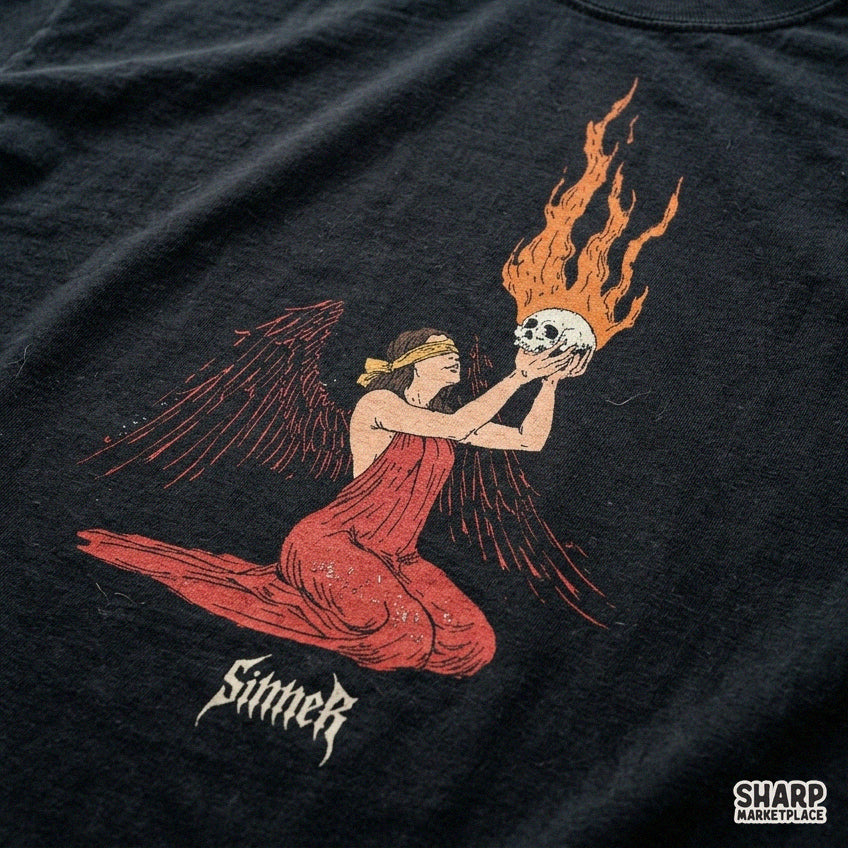 Sinner Dark Winged Angel Holding Flaming Skull DTF PNG
