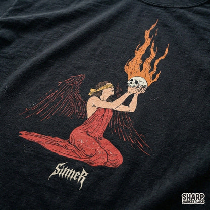 Sinner Dark Winged Angel Holding Flaming Skull DTF PNG