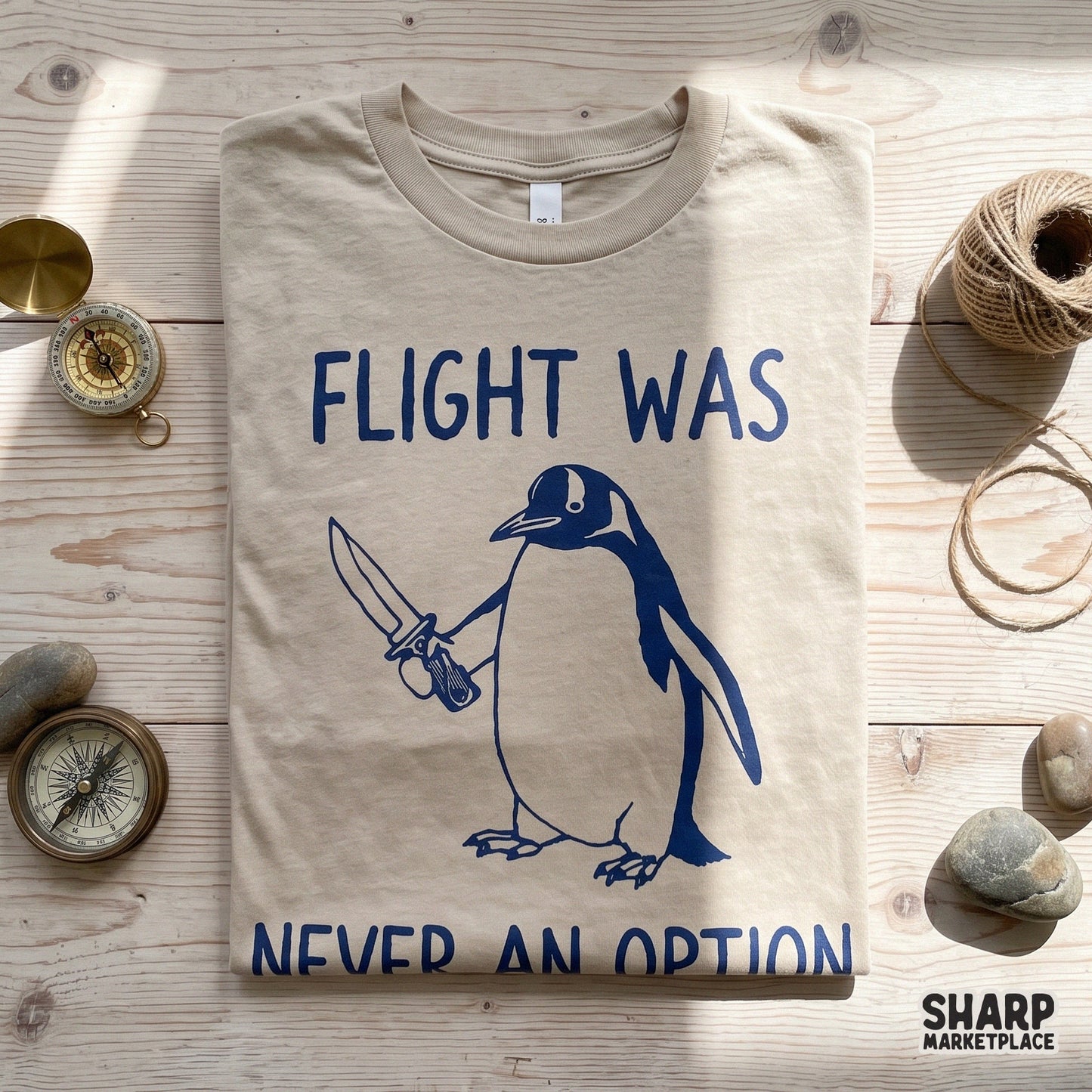 Funny sarcastic penguin holding a knife with Flight Was Never An Option text for sublimation shirt designs and tumblers