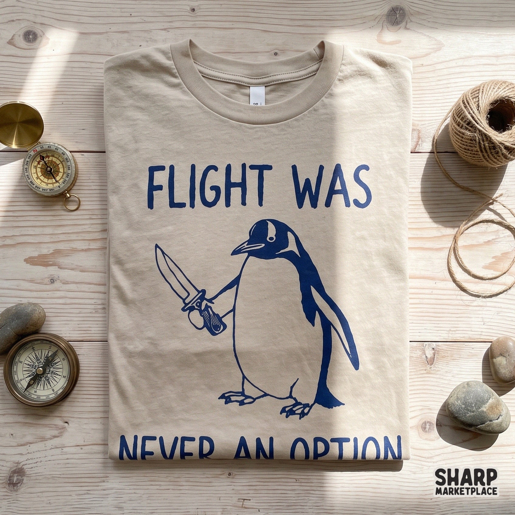 Funny sarcastic penguin holding a knife with Flight Was Never An Option text for sublimation shirt designs and tumblers