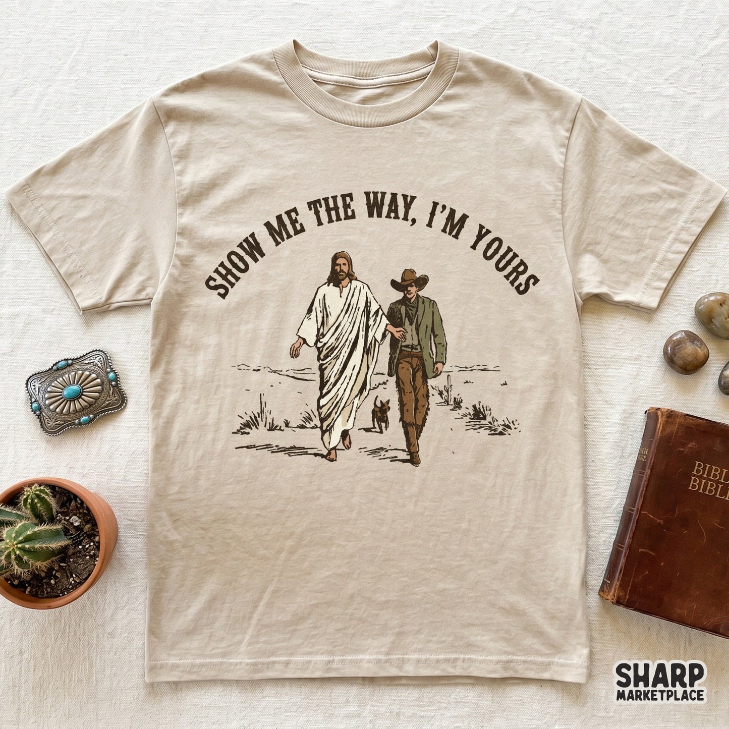 Christian faith-themed digital graphic with a desert landscape, Jesus, and a cowboy, perfect for custom apparel, stickers, or sublimation projects.