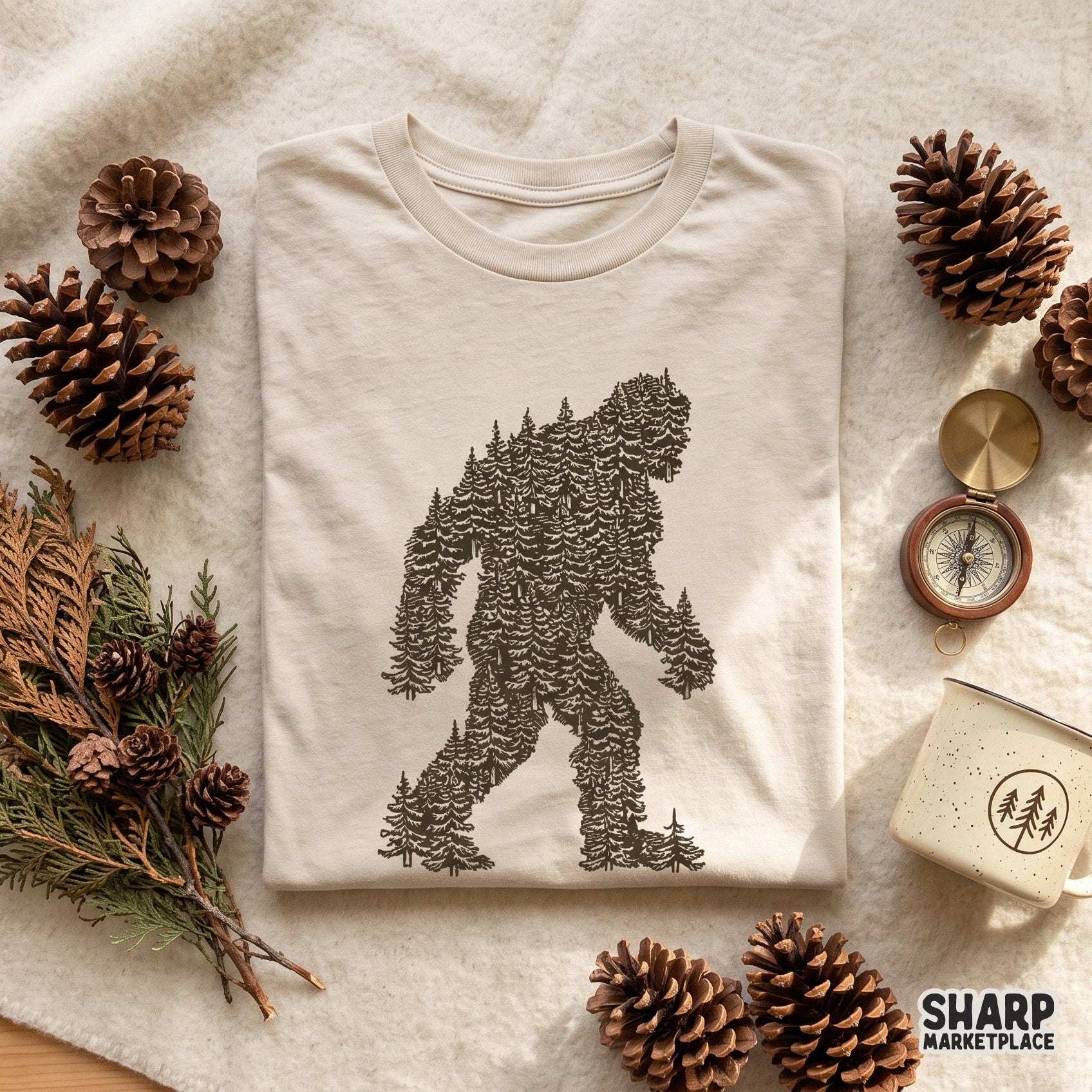 Retro Bigfoot silhouette walking through a pine tree forest for vintage camping t-shirt sublimation and outdoor apparel