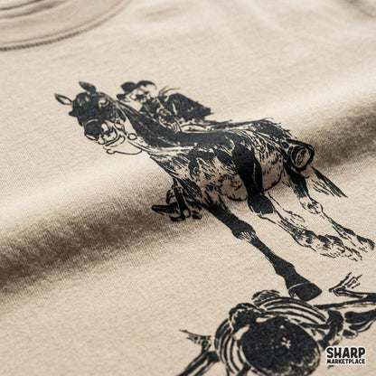 Gothic skeleton cowboy riding a horse in dark western aesthetic for Halloween shirt sublimation and digital crafts