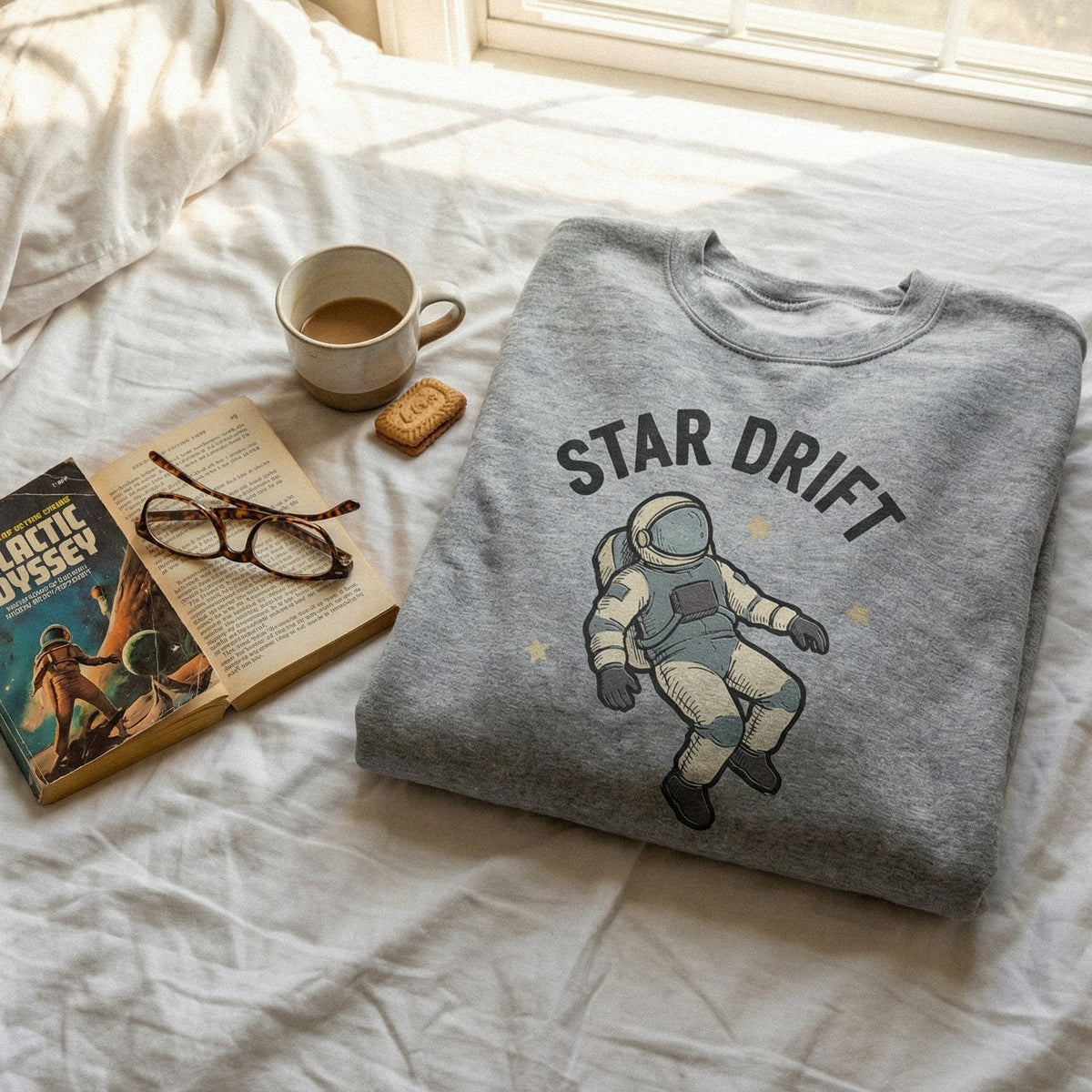 Vintage aesthetic space design with a floating astronaut and Star Drift typography, high-resolution digital art for stickers, tumblers, and wall decor.