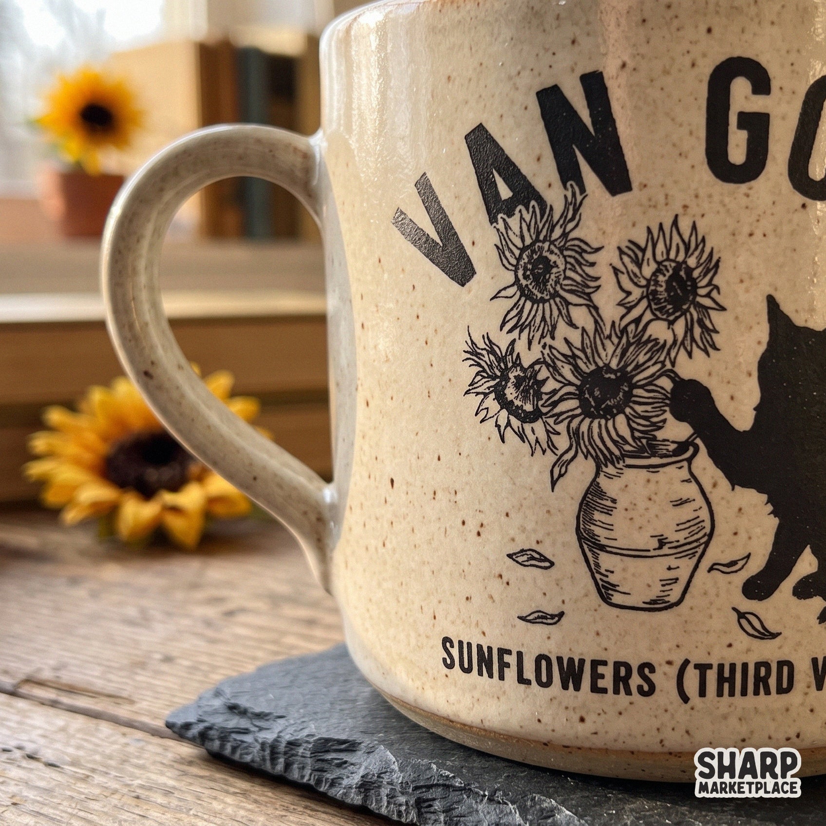 Funny Van Gogh sunflowers parody with a naughty kitten knocking over a vase for a sarcastic cat mom art design