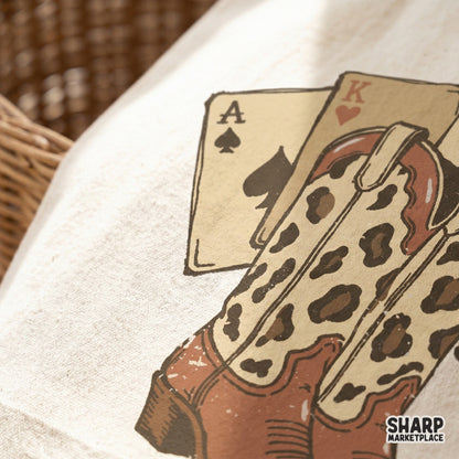 Close-up of a digital western design showing leopard print cowgirl boots and playing cards, ideal for custom apparel and trendy sublimation projects.
