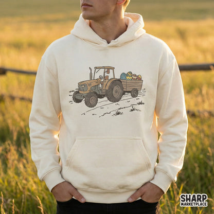 Digital illustration of a rustic farm tractor carrying oversized, vibrant Easter eggs, suitable for spring-themed DIY crafts and stickers.