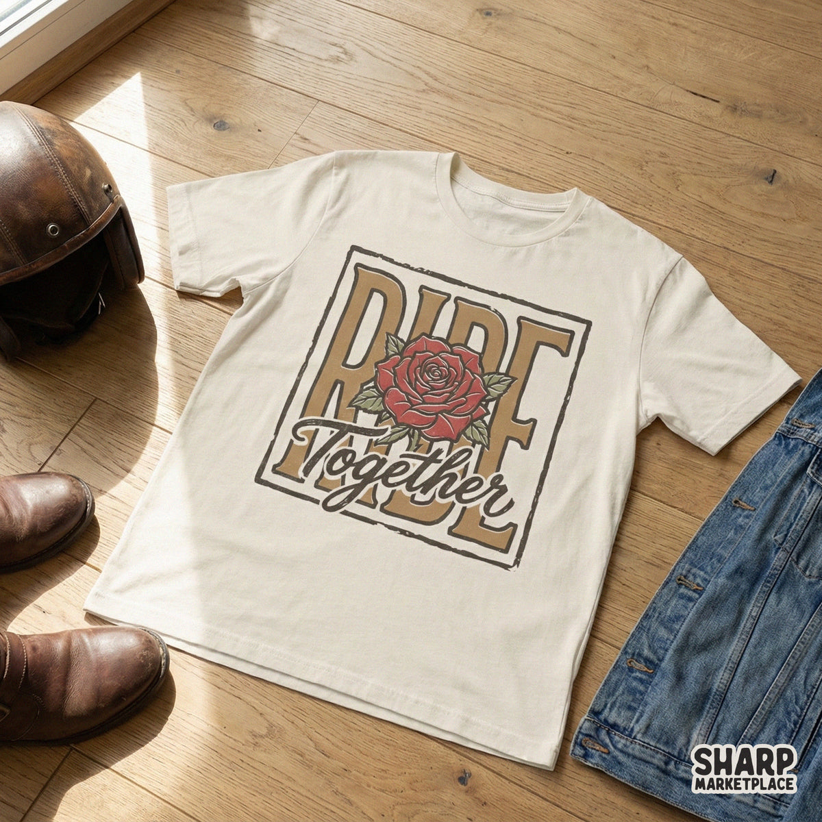 Apparel mockup showcasing a retro biker design with a central red rose, tan RIDE lettering, and the word Together in script, perfect for custom shirts.