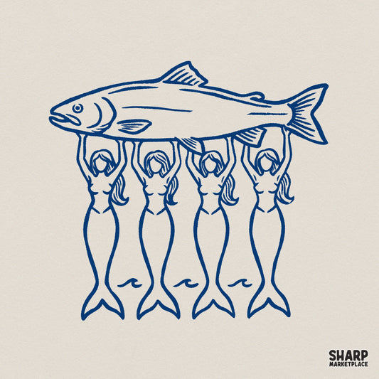 Monochromatic blue line art design of four mermaids lifting a large salmon trophy, featuring wave accents for coastal sublimation and apparel projects.
