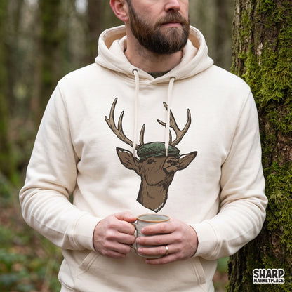 Vintage deer head wearing a green flat cap, funny hunting png illustration for retro fall apparel and sublimation t-shirts