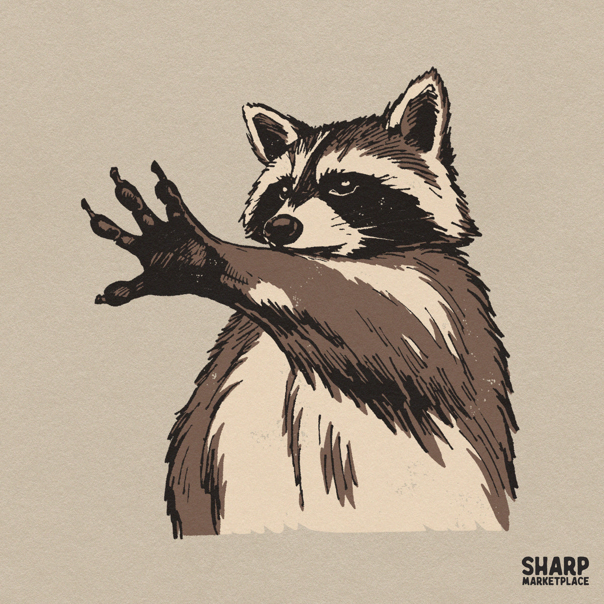Vintage raccoon talk to the hand illustration, funny trash panda PNG design for t-shirts and sarcastic animal meme lovers