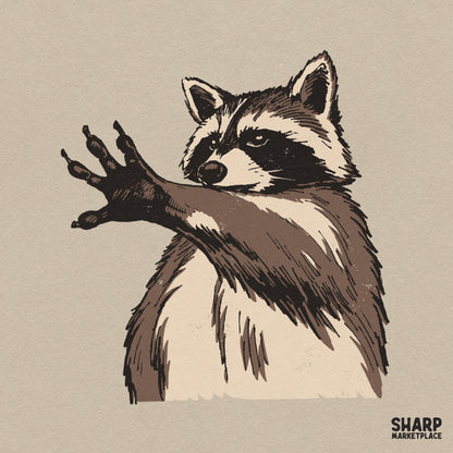 Vintage raccoon talk to the hand illustration, funny trash panda PNG design for t-shirts and sarcastic animal meme lovers