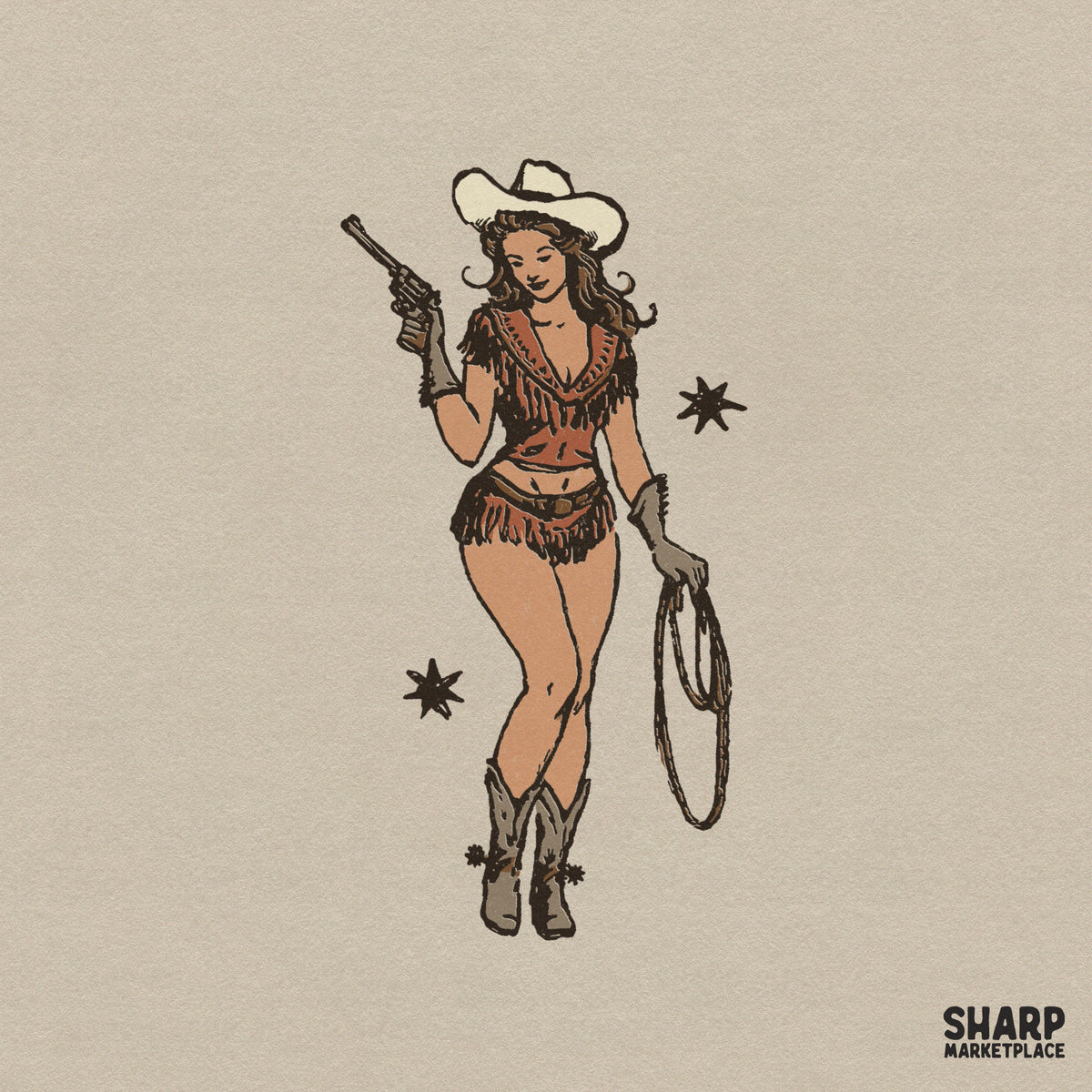 Retro Fringe Cowgirl Holding Rope And Revolver Western Artwork, Trendy