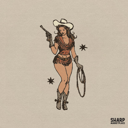 Retro Fringe Cowgirl Holding Rope And Revolver Western Artwork, Trendy