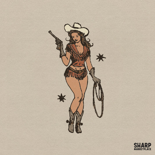 Retro Fringe Cowgirl Holding Rope And Revolver Western Artwork, Trendy