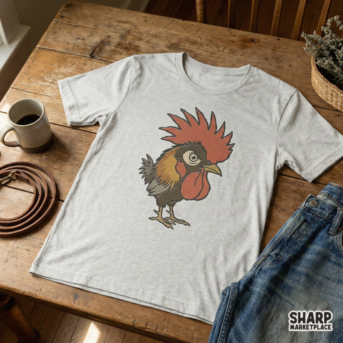 Quirky cartoon rooster graphic with wide eyes and a bold red crest printed on a light gray t-shirt, perfect for custom farm animal clothing.