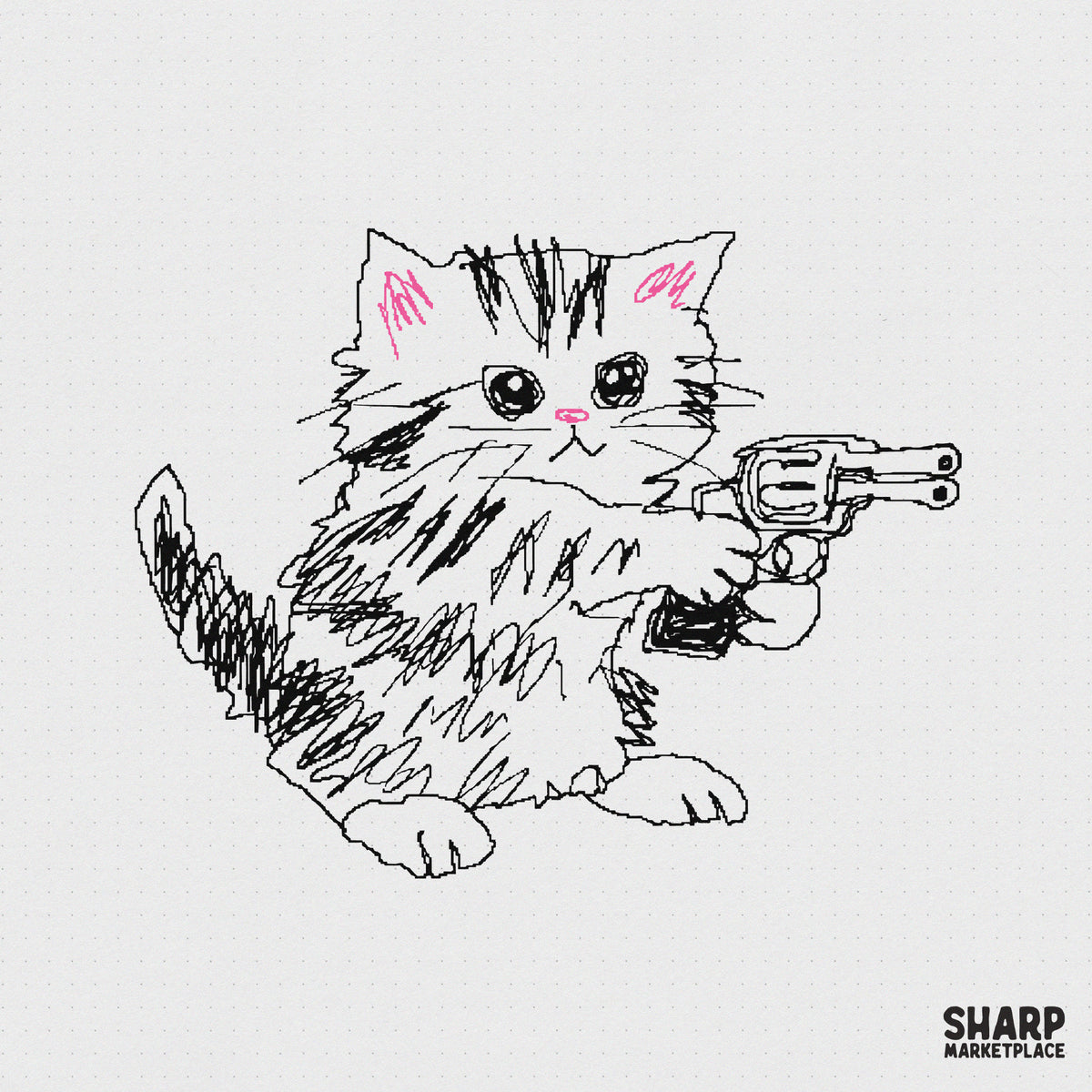 Whimsical hand-drawn kitten with a toy revolver in a scribbled sketch style, featuring pink accents on a simple neutral background for digital projects.
