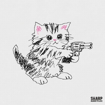 Whimsical hand-drawn kitten with a toy revolver in a scribbled sketch style, featuring pink accents on a simple neutral background for digital projects.